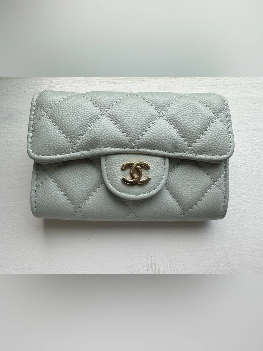 CHANEL Quilted Mini Wallet in Pale Blue with Gold Hardware